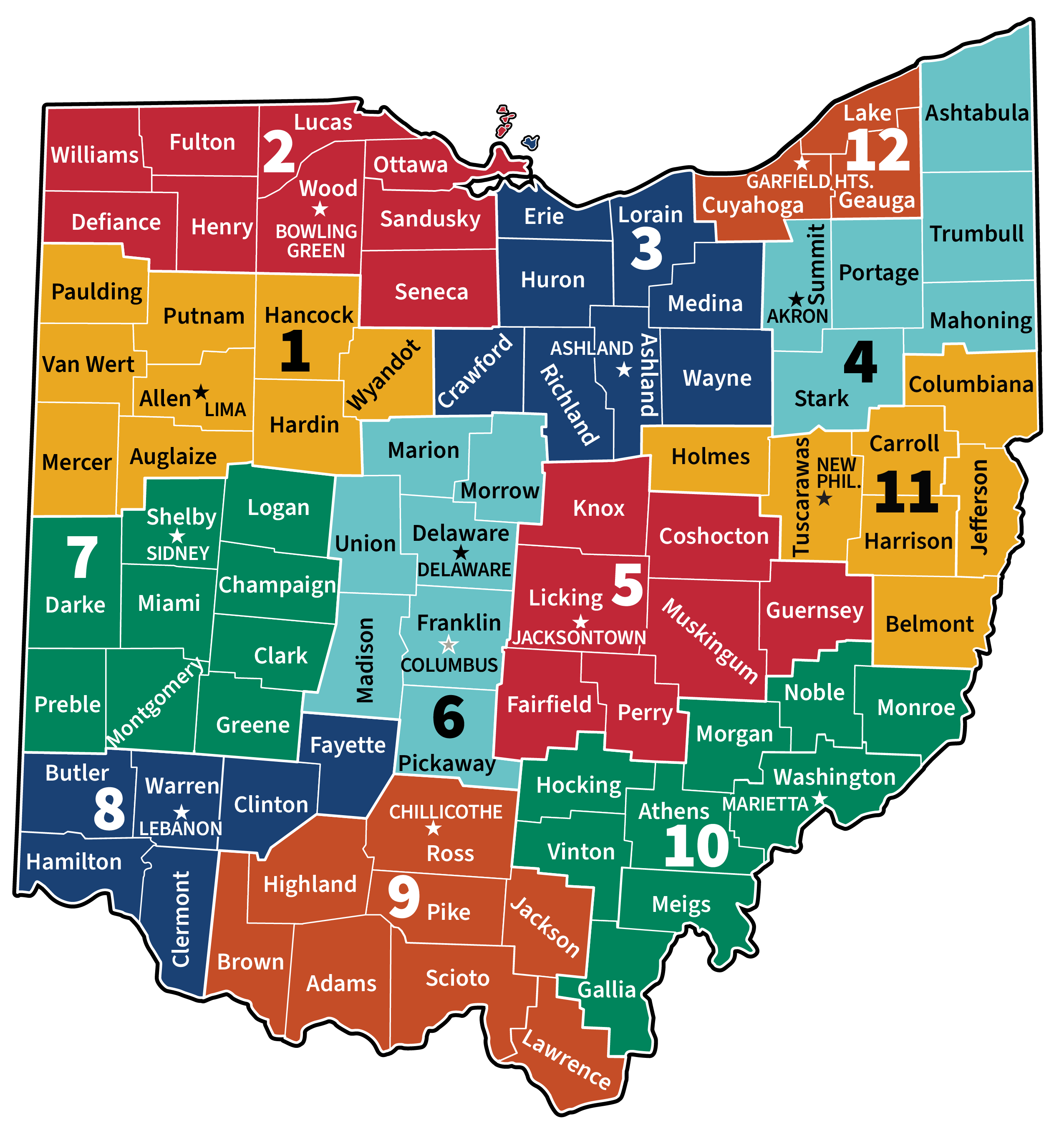 District and county map of Ohio